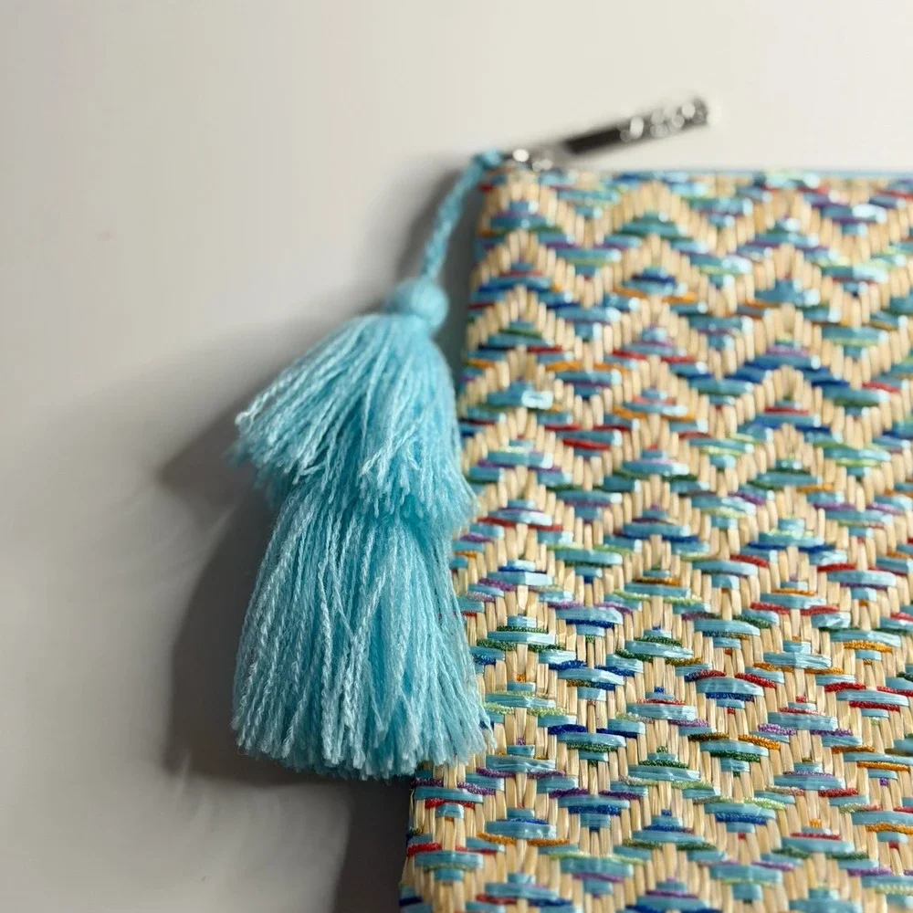 Lancome Cosmetic Bag Woven Blue Multicolored Tasseled Make Up Bag Travel Storage